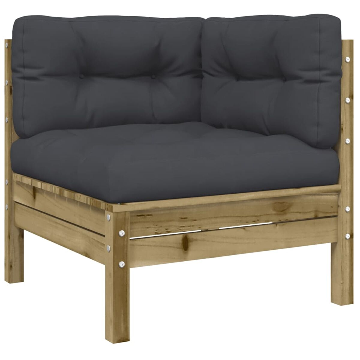 Ecksofa aus Holz mit dunkelgrauen Kissen, Sitzfläche und Rückenlehne zeigend, mit Holzrahmen.
