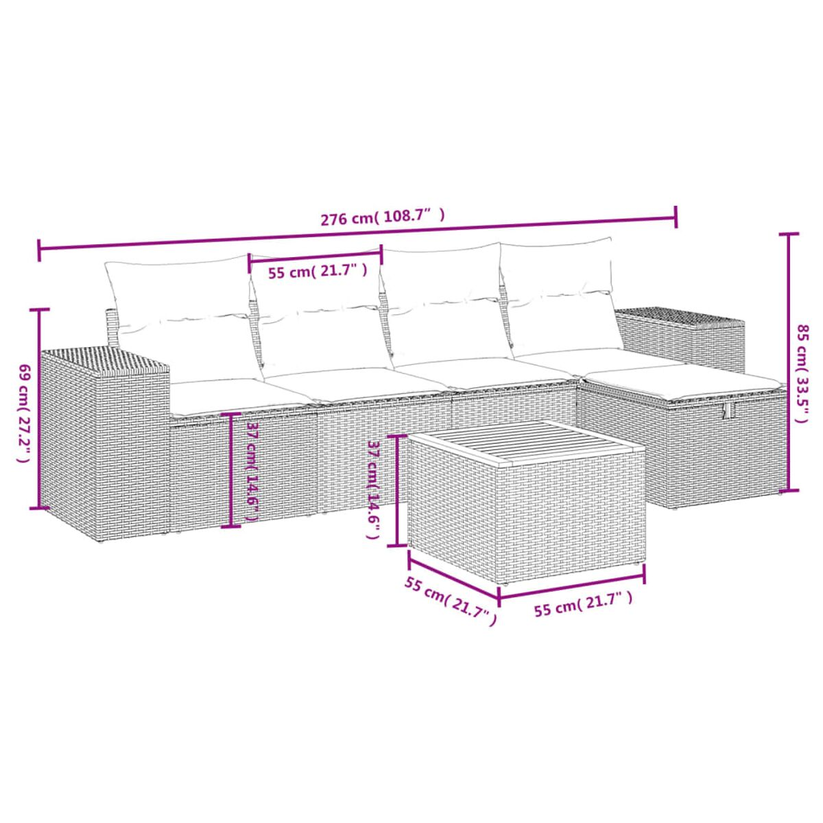 Ein Diagramm eines Korbasofas und eines Tisches mit Größenangaben in cm und Zoll.
