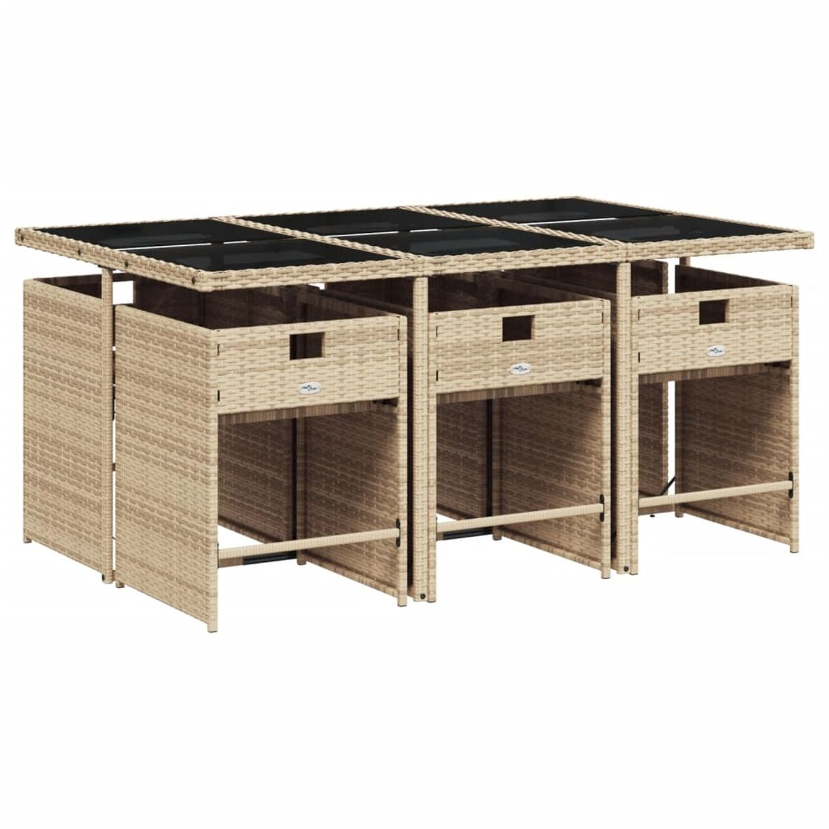 Un set da pranzo beige per esterni con piano in vetro nero. Ha tre sedie e vani portaoggetti.