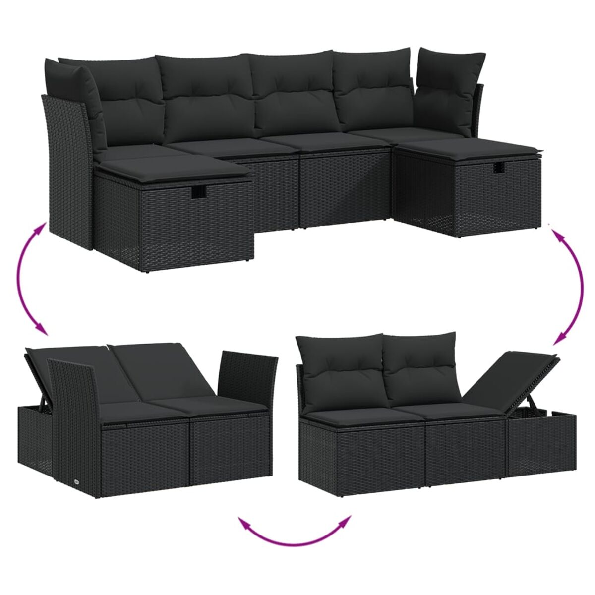 Ein schwarzes Outdoor-Ecksofa aus Korbgeflecht, das neu konfiguriert werden kann. Es wird in drei Anordnungen gezeigt.