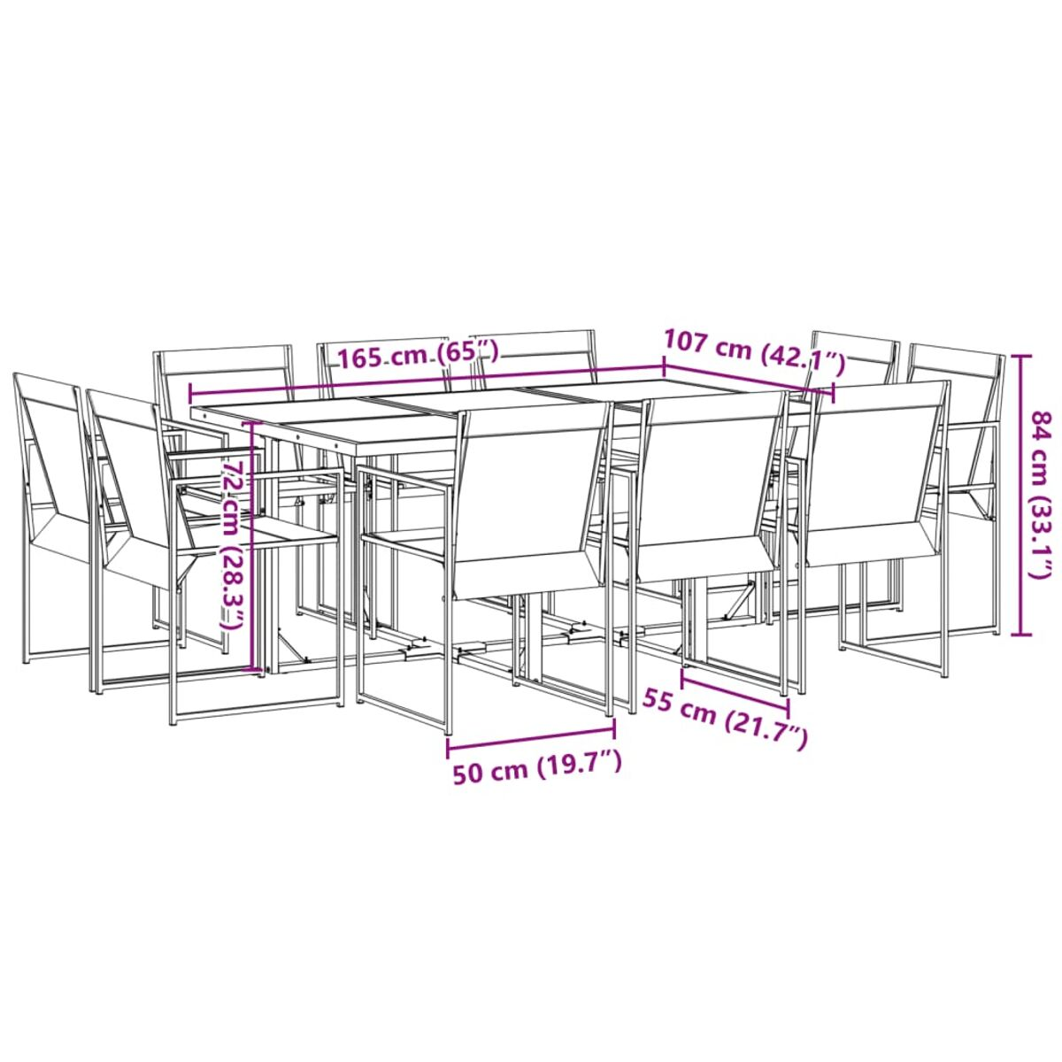 Isometrische Ansicht des Outdoor-Möbelsets. Tisch und Stühle mit Abmessungen in cm und Zoll.