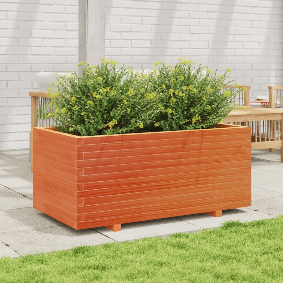 Ein rechteckiger Pflanzkübel aus Holz mit zwei grünen Pflanzen und gelben Blüten. Er steht auf einer Terrasse.