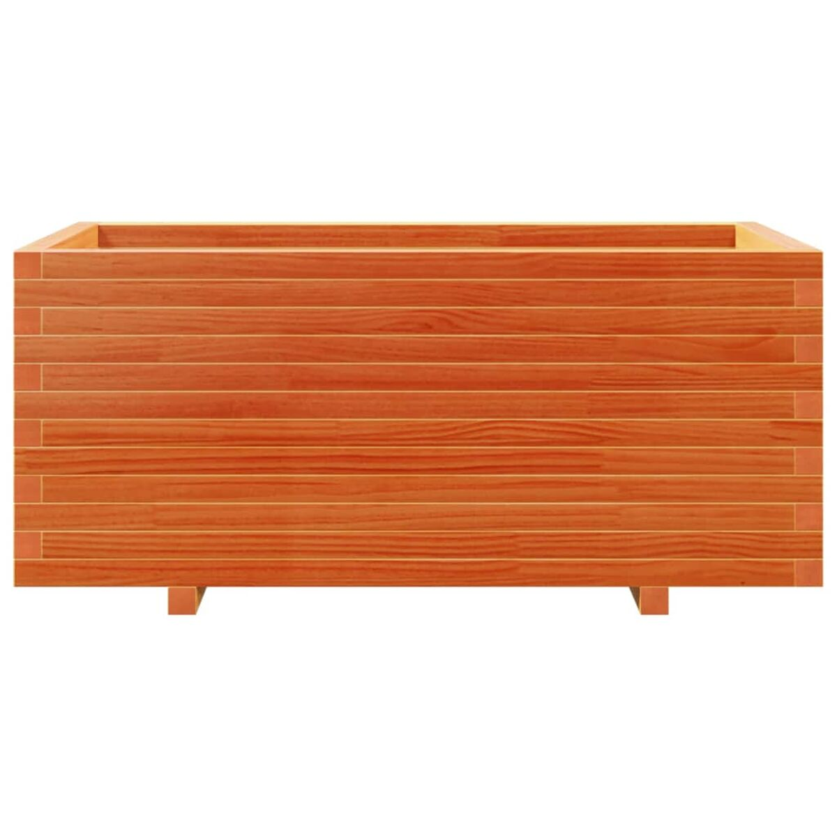 Ein rechteckiger Holzpflanzer mit horizontalen Brettern und einer rotbraunen Farbe.