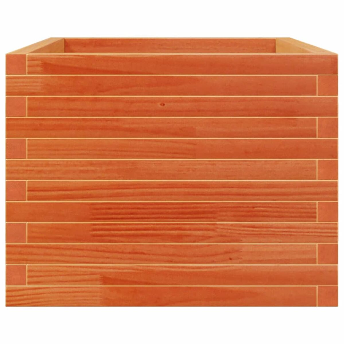 Holzpflanzkasten, orangebraune Bretter, rechteckige Form.
