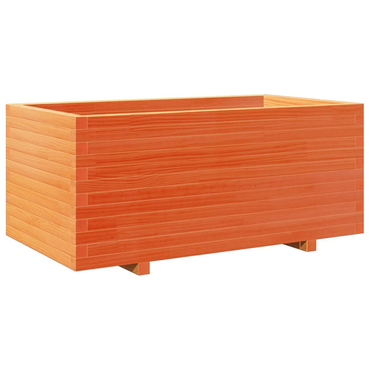 Leere Holzpflanzkasten aus orangefarbenem Holz.