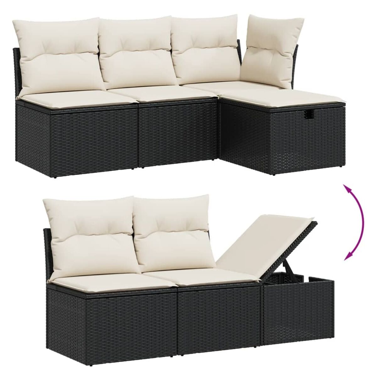 Schwarzes Rattan-Sofa mit beigen Kissen, umwandelbar mit Stauraum. Oben Ecksofa, unten hochklappbar.