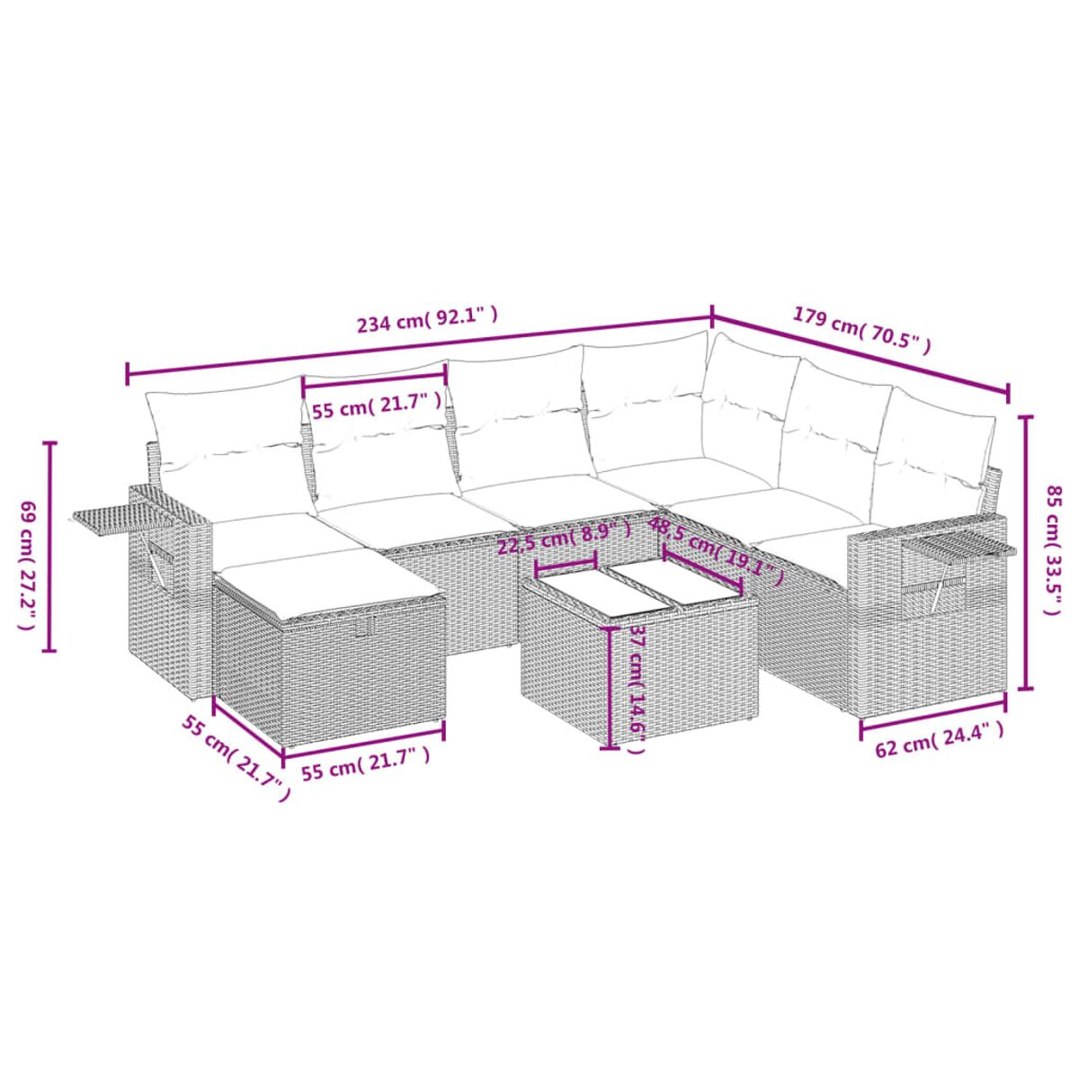 Geflochtenes Outdoor-Ecksofa mit Maßen. Enthält Kissen und kleine Beistelltische.