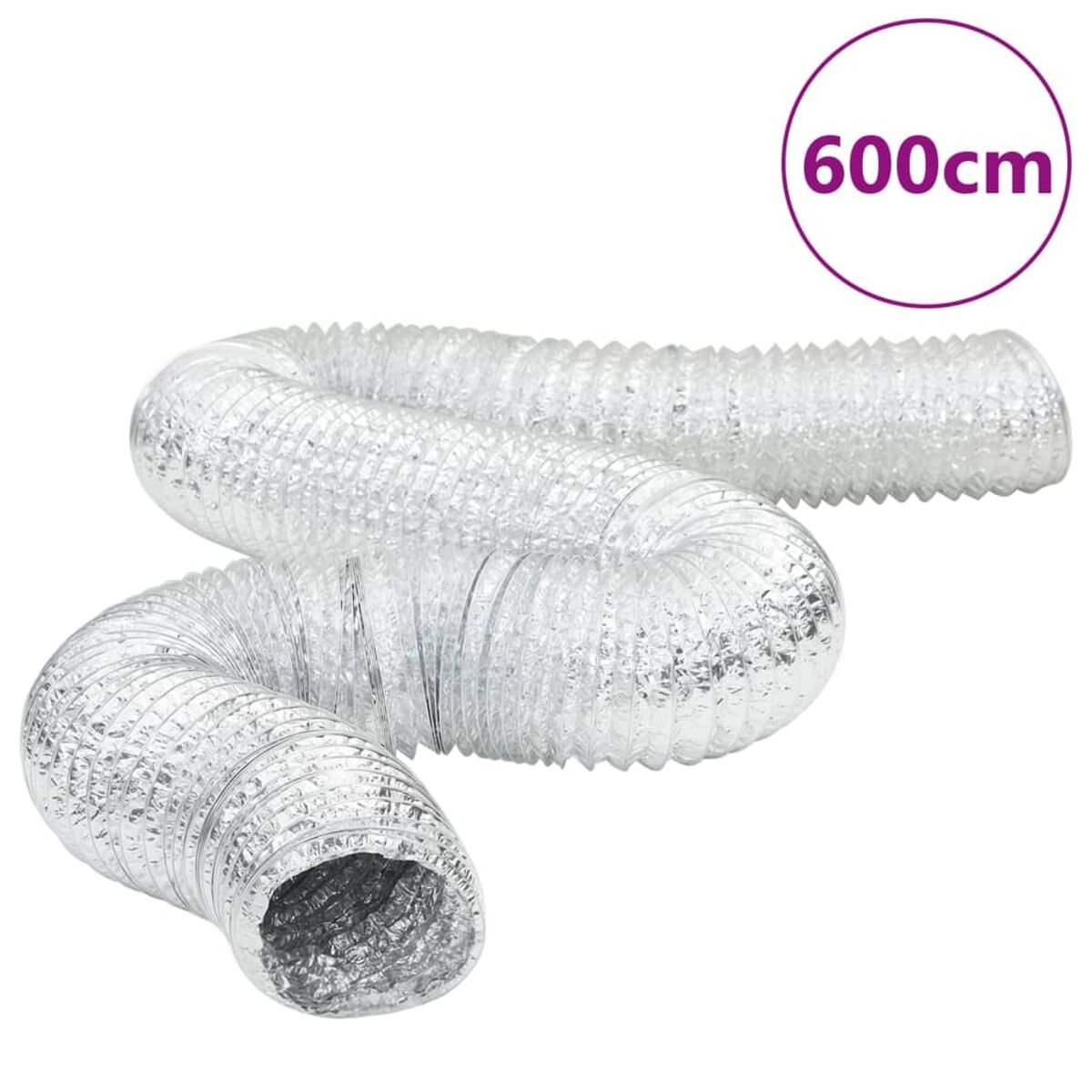 Flexibler silberner Metallkanal, auf weißer Oberfläche aufgerollt. Ein Etikett zeigt 600cm.