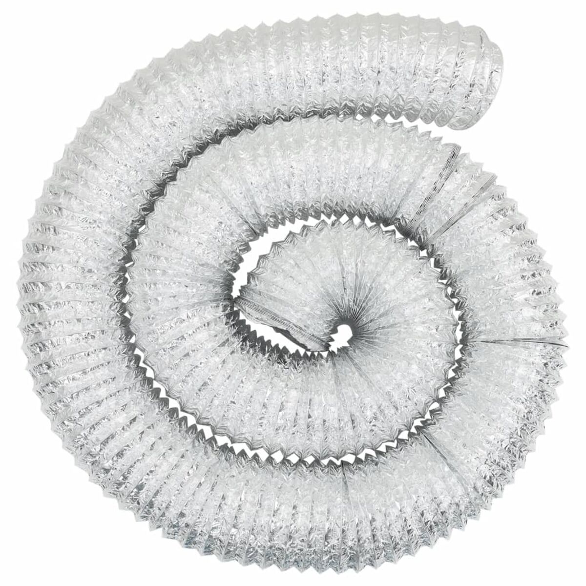 Ein gewendeter, flexibler silberner Kanal. Es ist eine Spiralform mit metallischem Aussehen.
