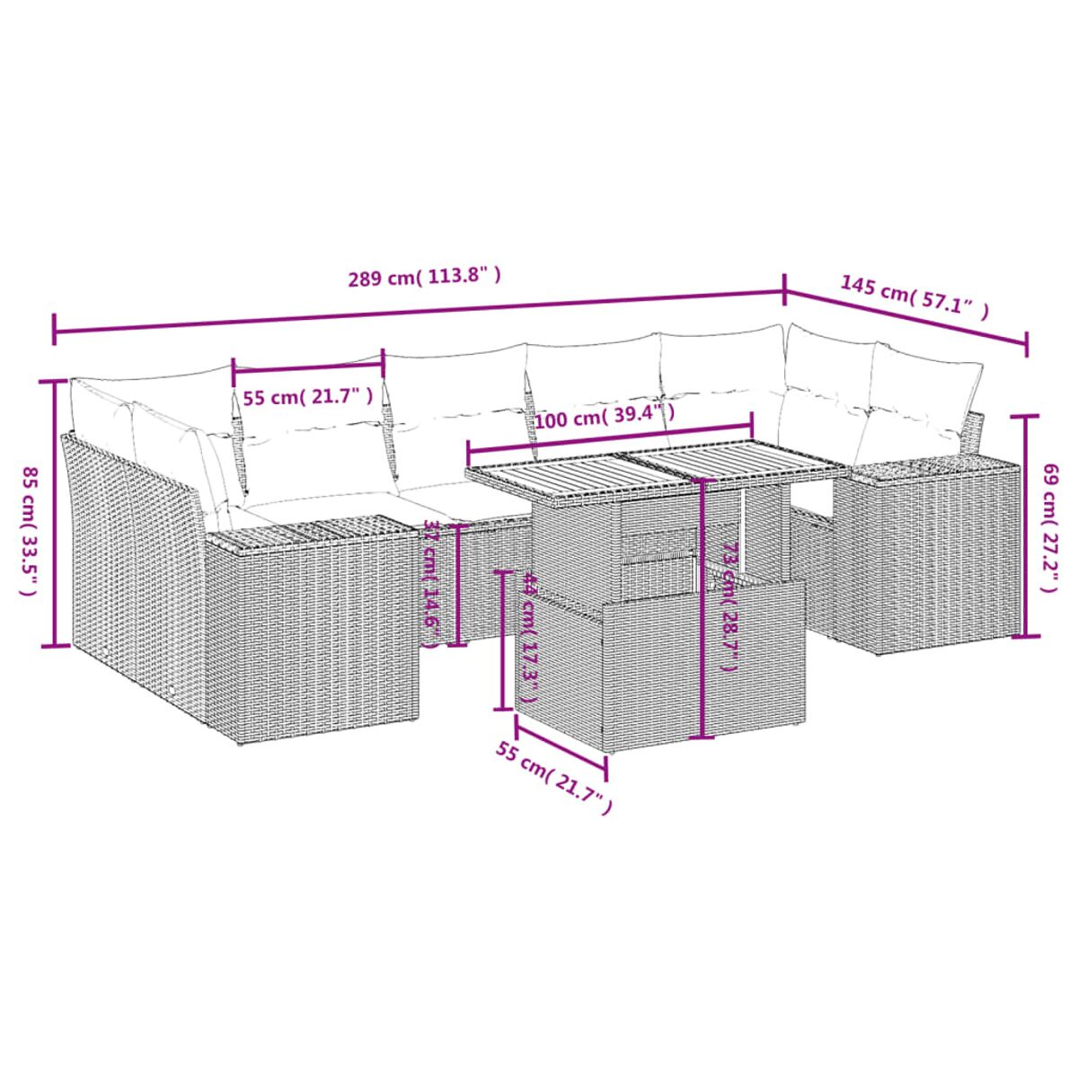 Outdoor-Ecksofa mit Tisch und Abmessungen. Es hat ein langes Sofa mit grauen Kissen.