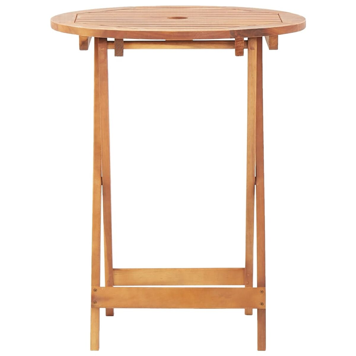 Tavolo rotondo in legno con gambe pieghevoli. Colore marrone con foro al centro.