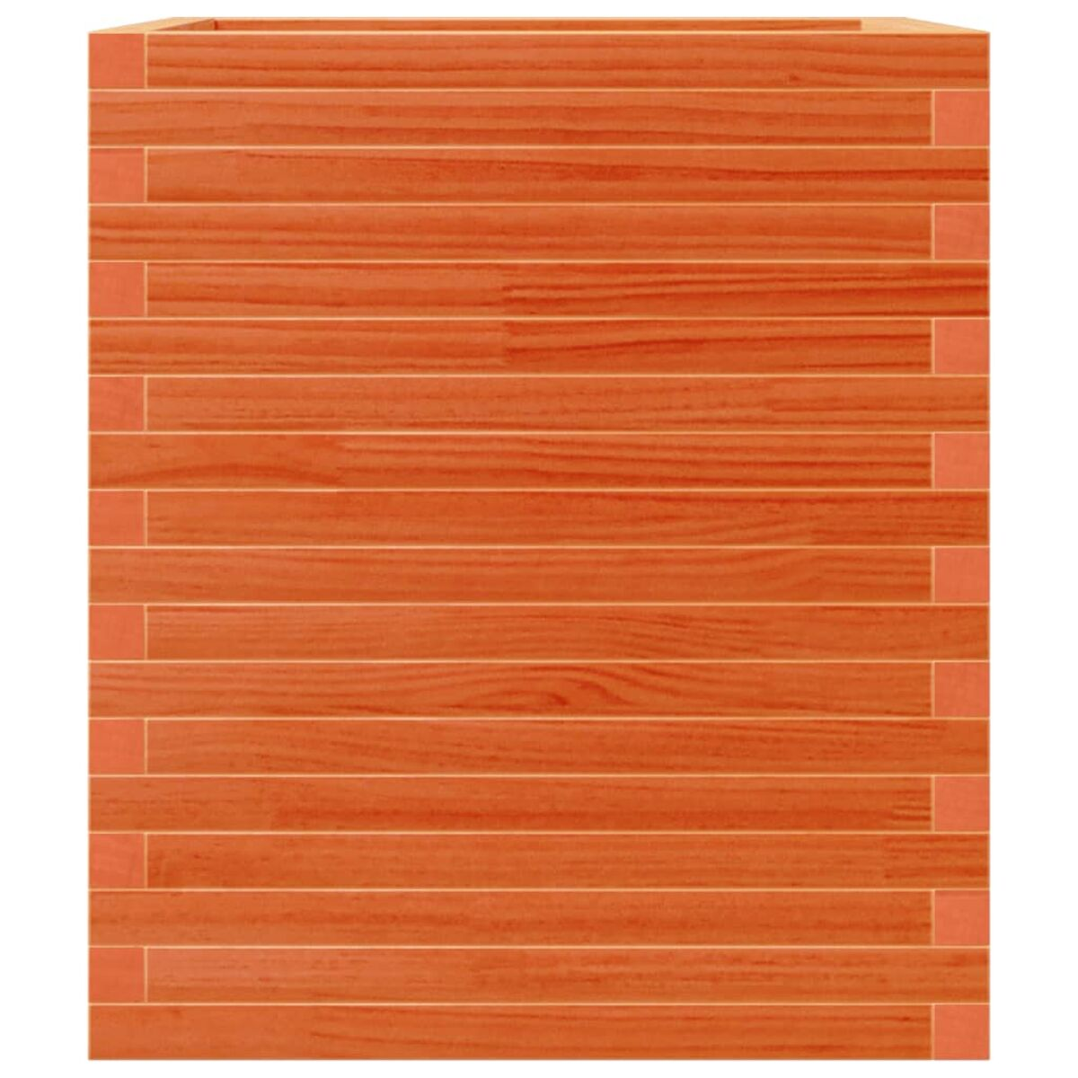 Holztopf, orange-braune Farbe, mit horizontalen Brettern. Frontalansicht, isoliert auf Weiß.