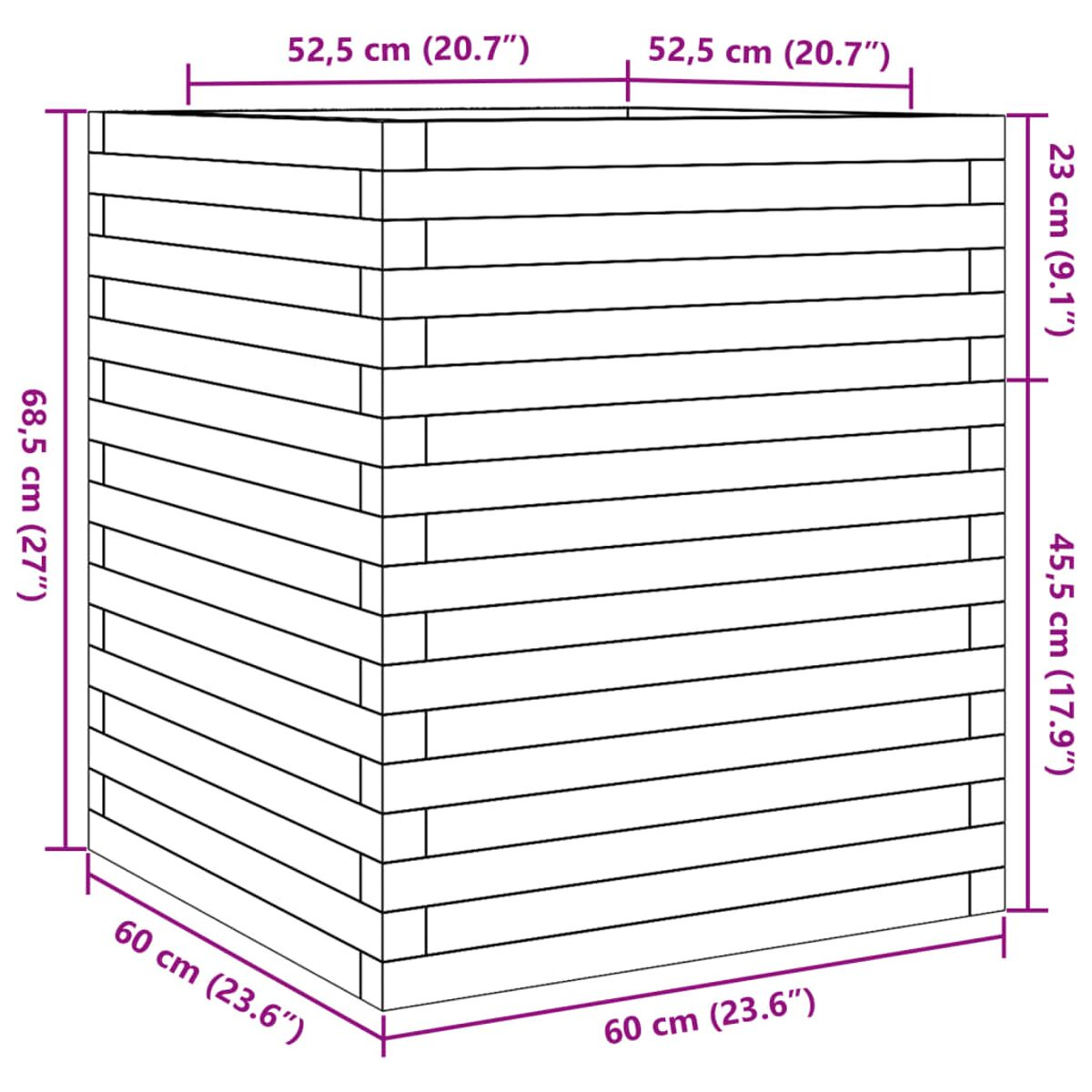 Diagramm eines Holzpflanzgefäßes mit Abmessungen in cm und Zoll.