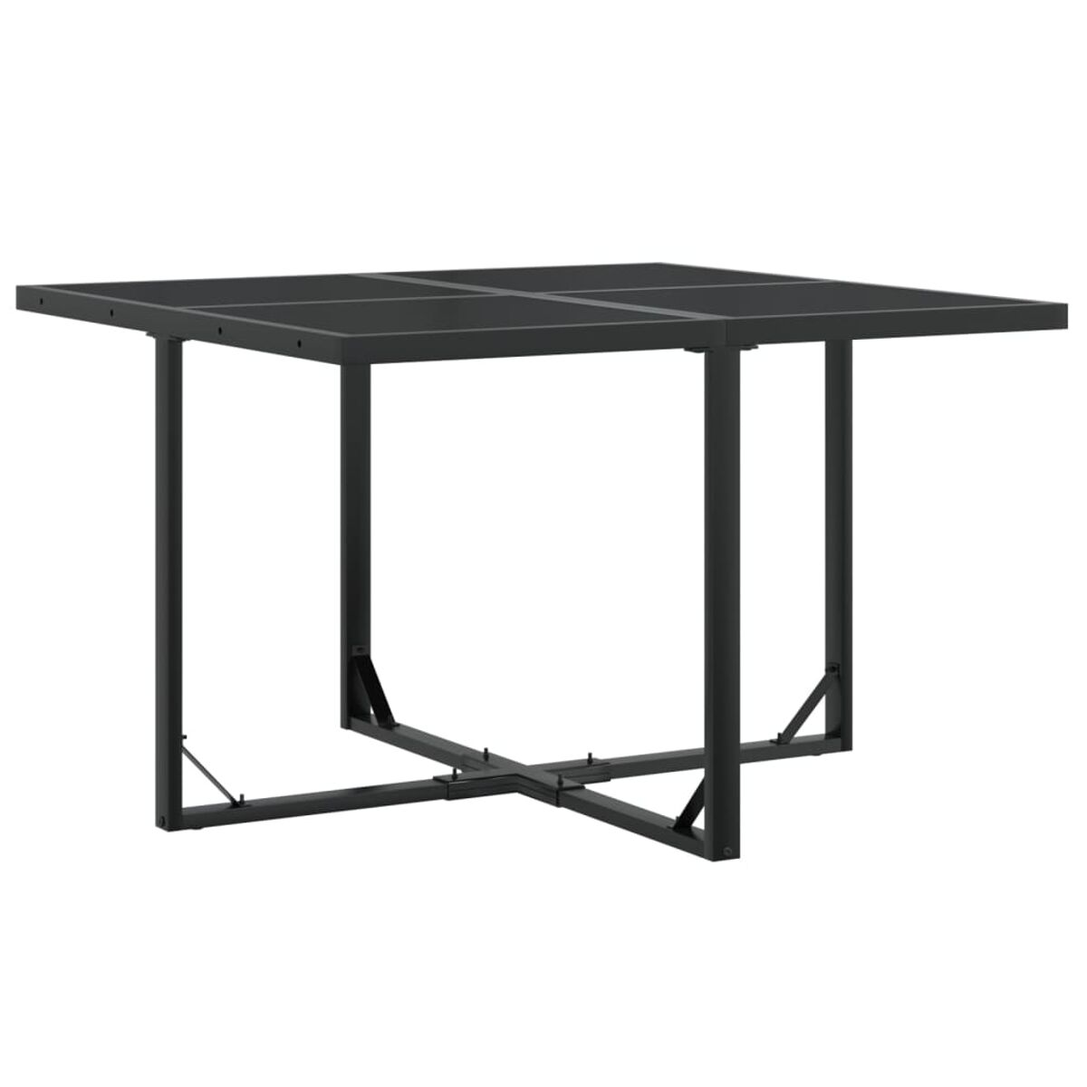 Quadratischer Tisch im Freien mit schwarzem Rahmen und Glasplatte, auf einer gepflasterten Terrasse.