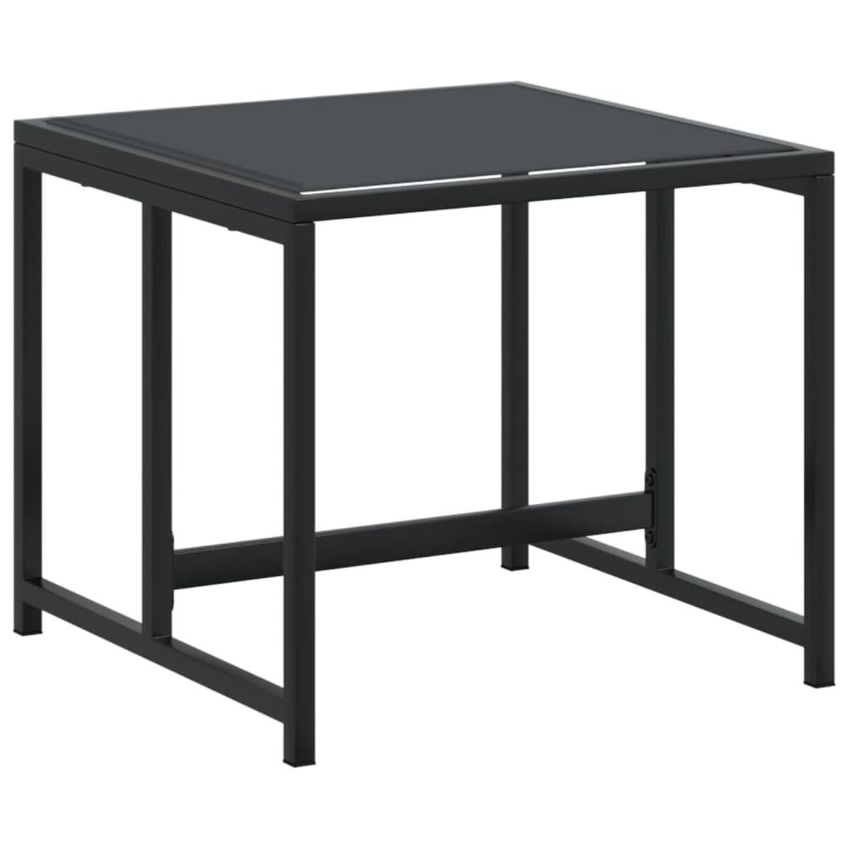 Un tavolo quadrato nero con piano in vetro, sostenuto da un telaio in metallo nero.
