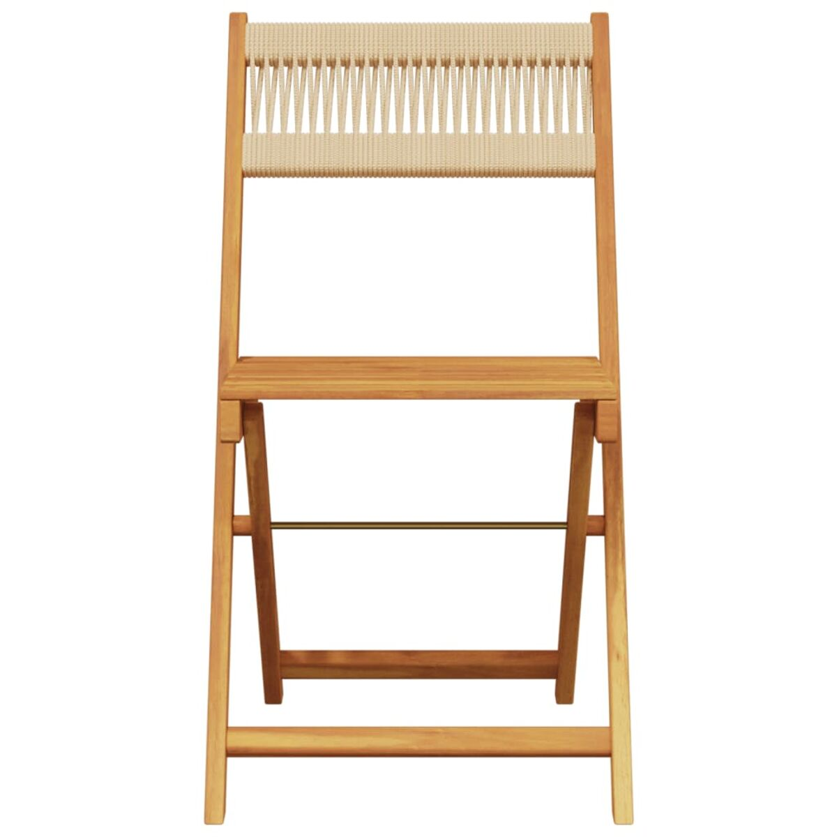 Ein Holzklappstuhl mit gewebter Rückenlehne und Sitzfläche.