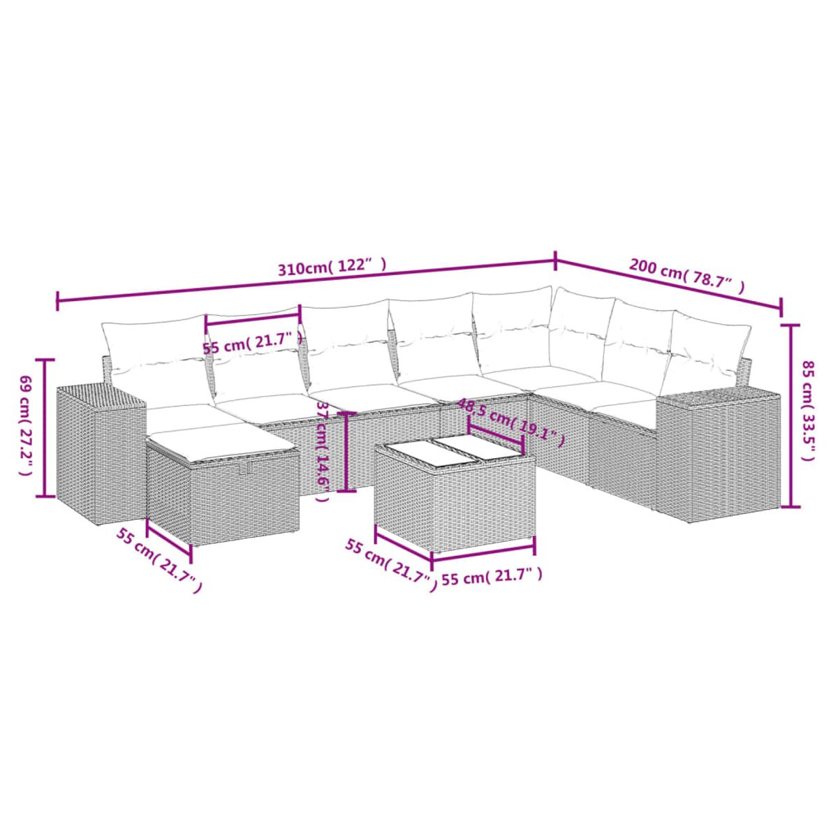 Outdoor-Korbgeflecht-Ecksofa mit Abmessungen. Inklusive Beistelltisch. Weißer Hintergrund.