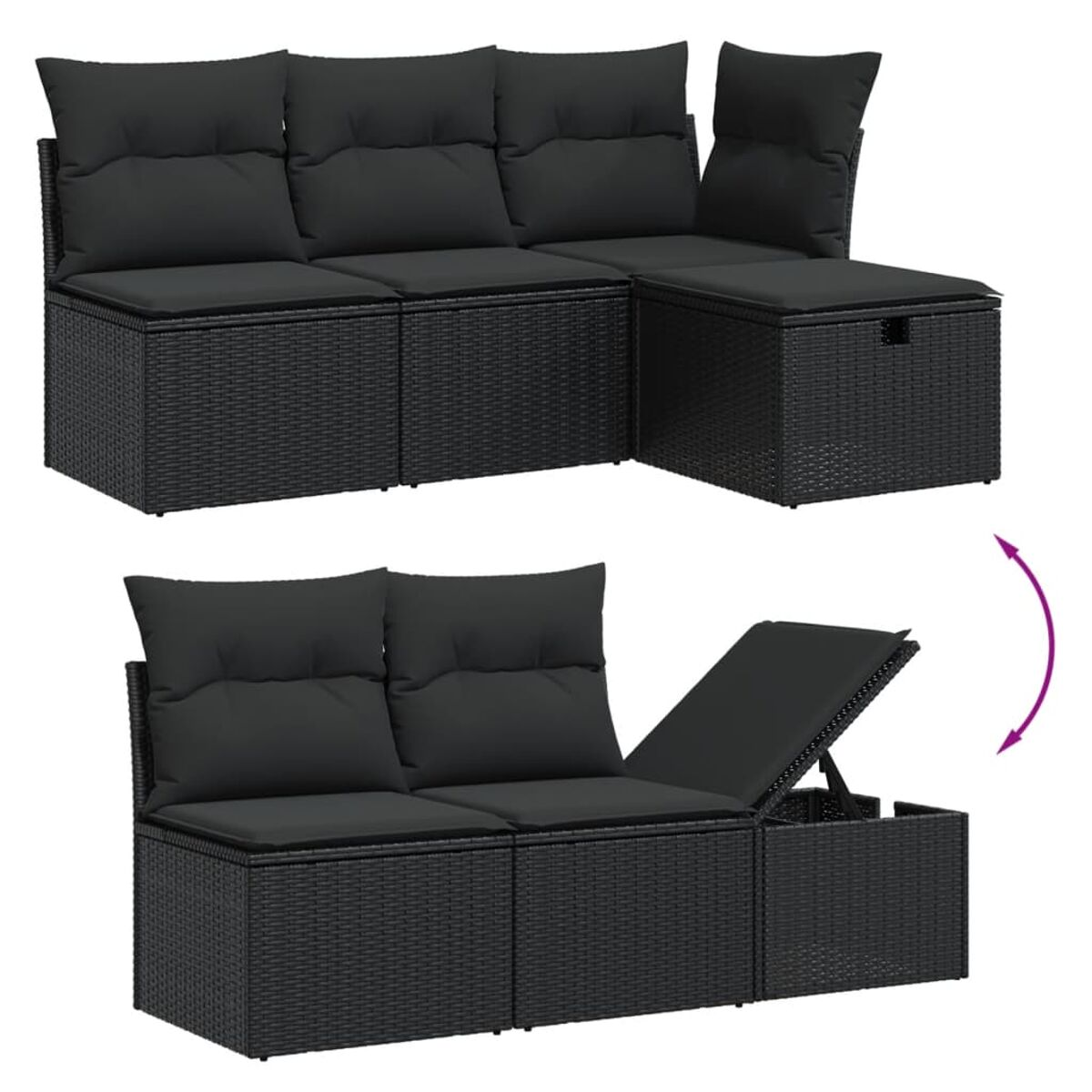 Schwarzes Korbmöbel-Set mit Kissen. Ein Abschnitt hat Stauraum. Draufsicht und offene Stauraumsicht.