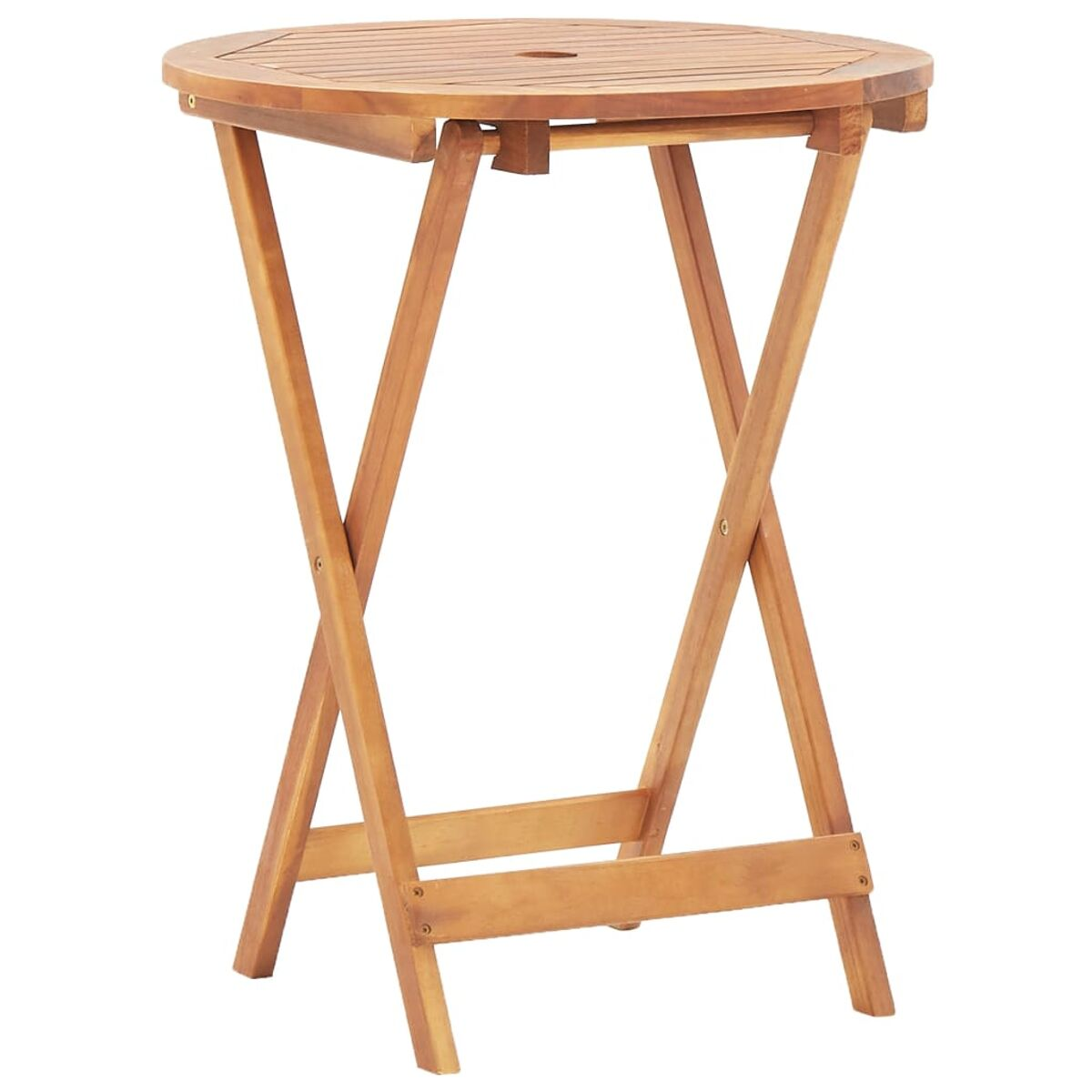 Tavolo pieghevole in legno. Piano rotondo con un foro.