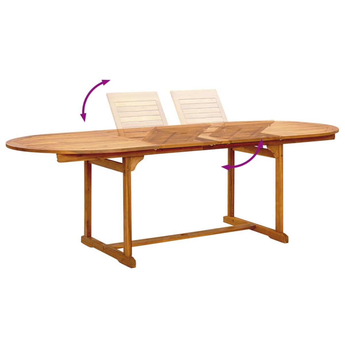 Tavolo ovale allungabile in legno con due sagome di sedie e frecce che mostrano l'espansione.