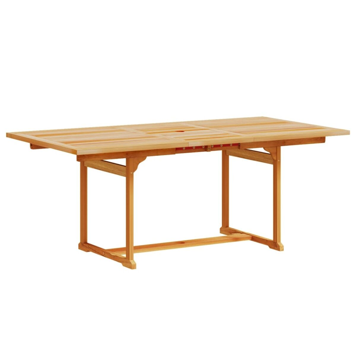Mesa rectangular de madera con diseño de listones. Tiene un color claro y está al aire libre.