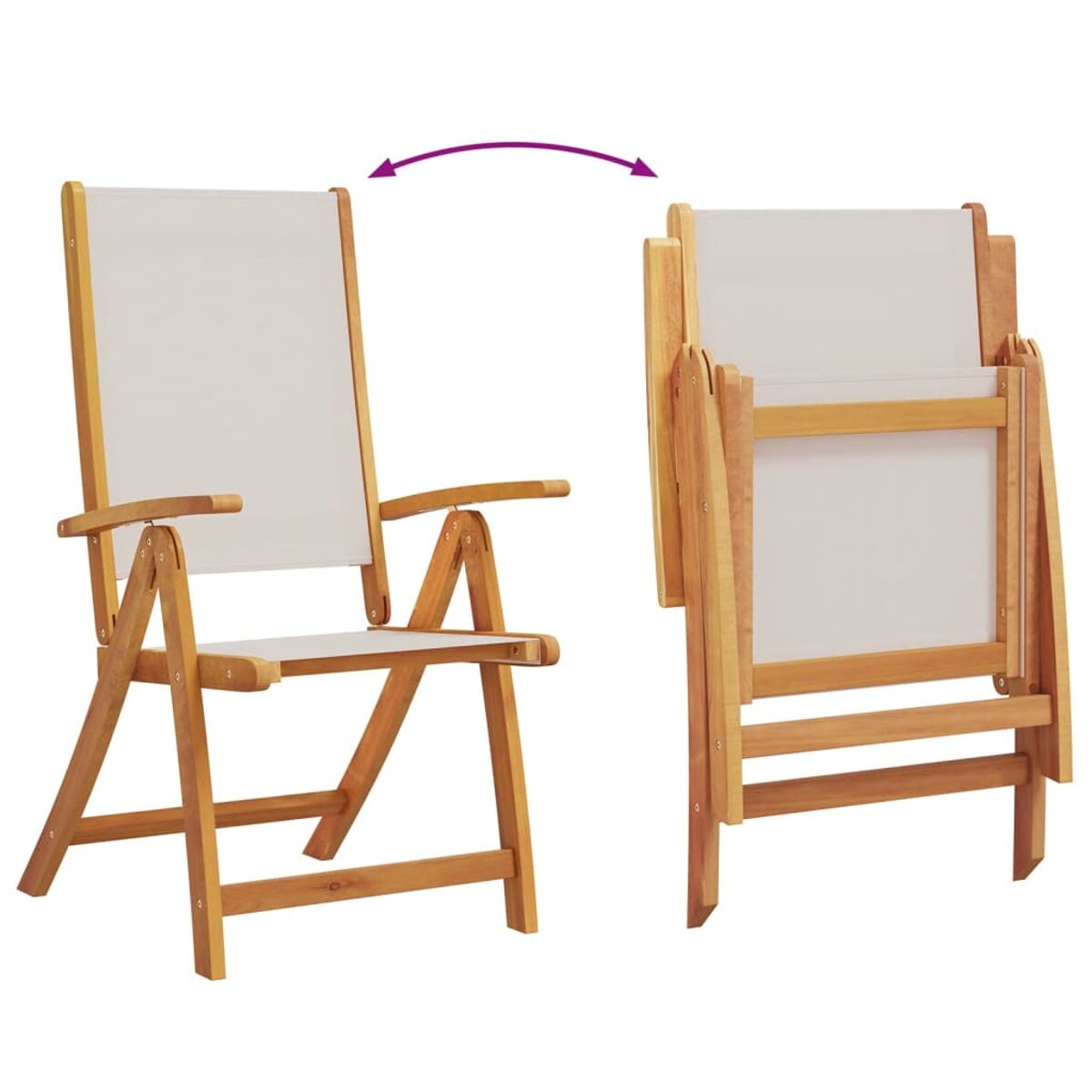 Zwei klappbare Holzstühle mit weißem Stoff. Einer ist zusammengeklappt, der andere offen.