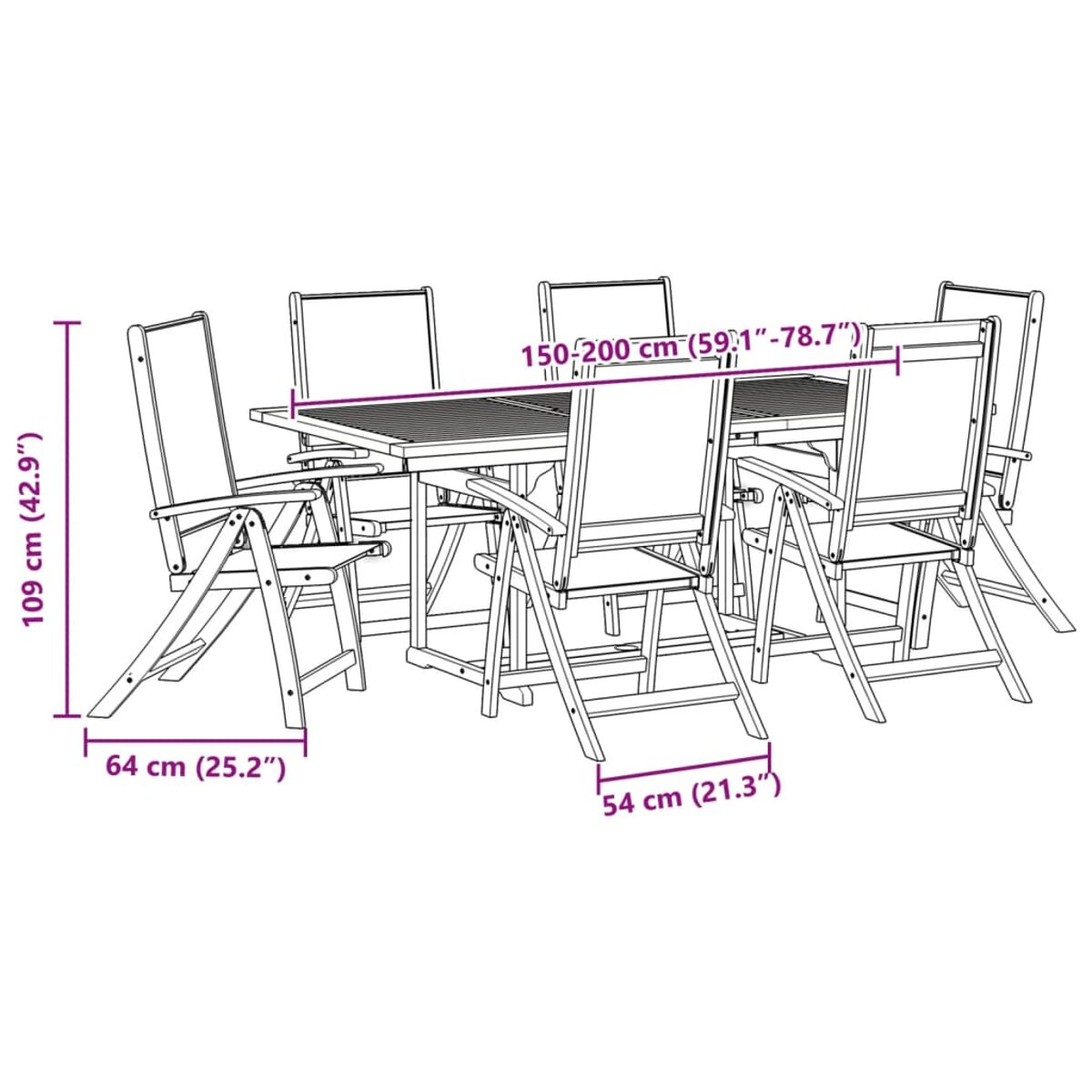 Un set da pranzo in legno per esterni con un tavolo rettangolare e sei sedie. Dimensioni fornite.