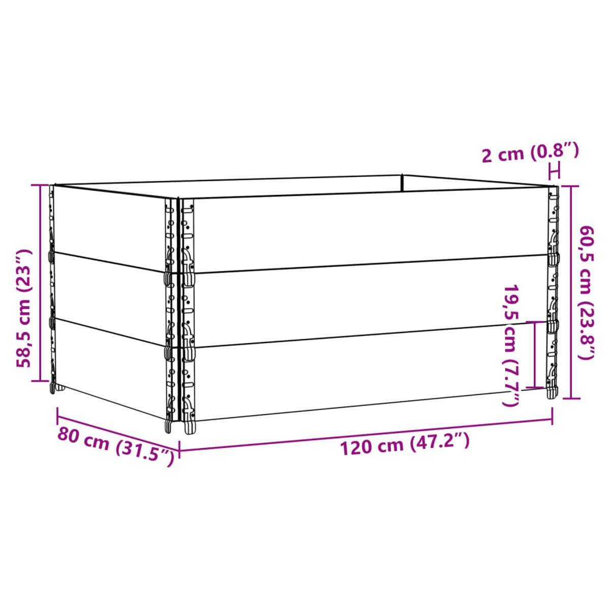 Fioriera in legno con dimensioni. Ha una forma rettangolare ed è realizzata con tre assi di legno.