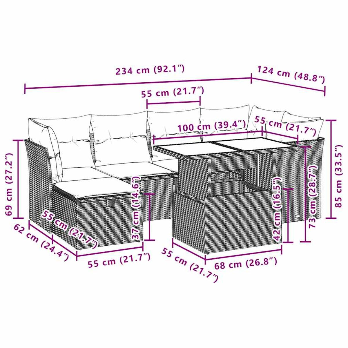 Ecksofa aus Korbgeflecht mit Tisch. Abmessungen sind angegeben. Umgebung im Freien.