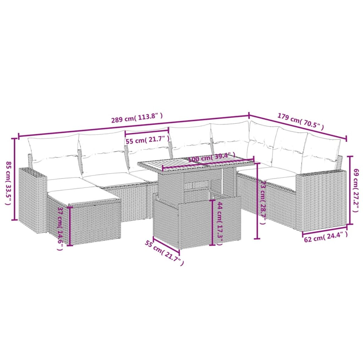 Set di mobili in vimini da esterno. Include un divano, un tavolo e un pouf. Dimensioni etichettate.