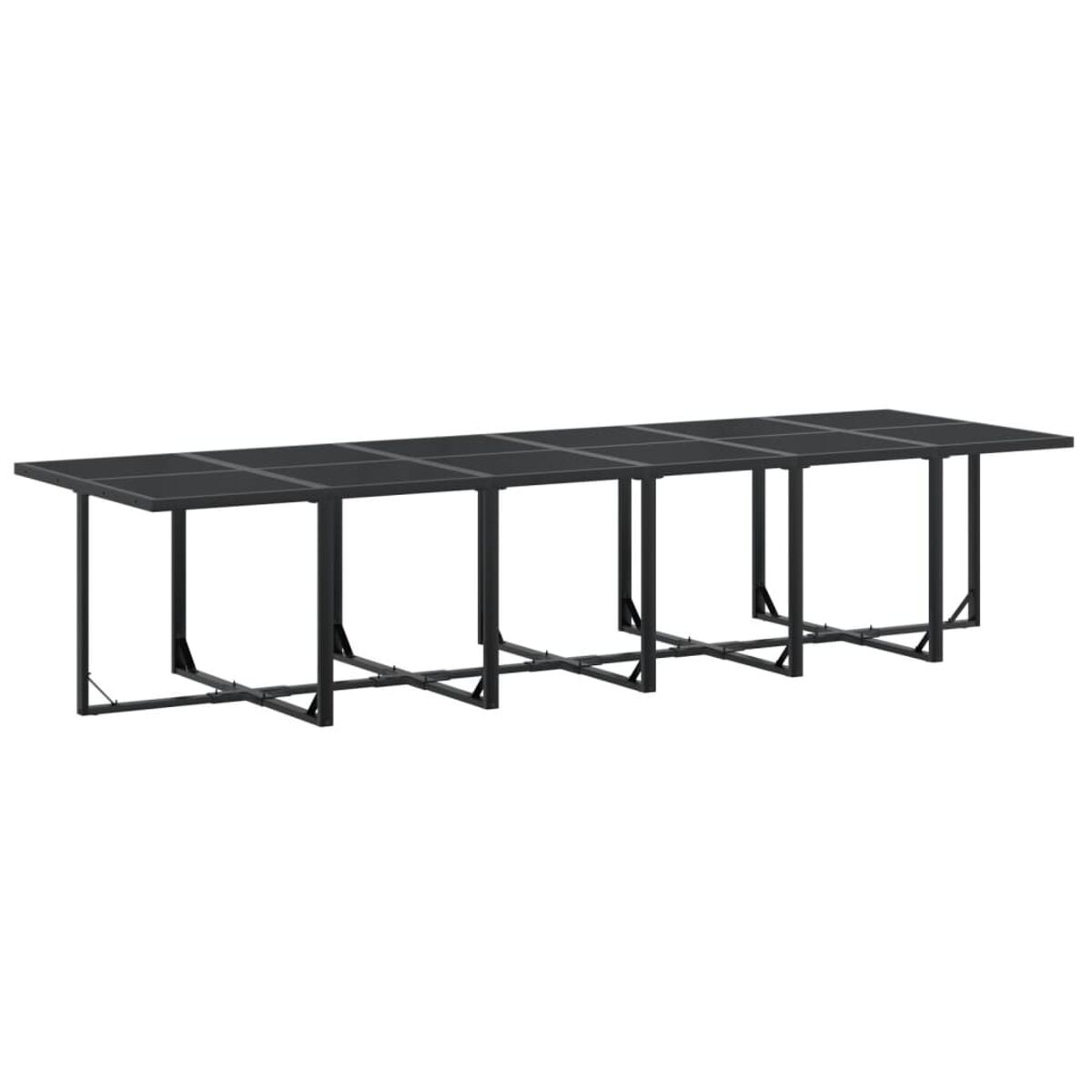 Langer, schwarzer Gartentisch mit Metallgestell und gitterartiger Glasoberfläche. Er hat ein modernes Design.