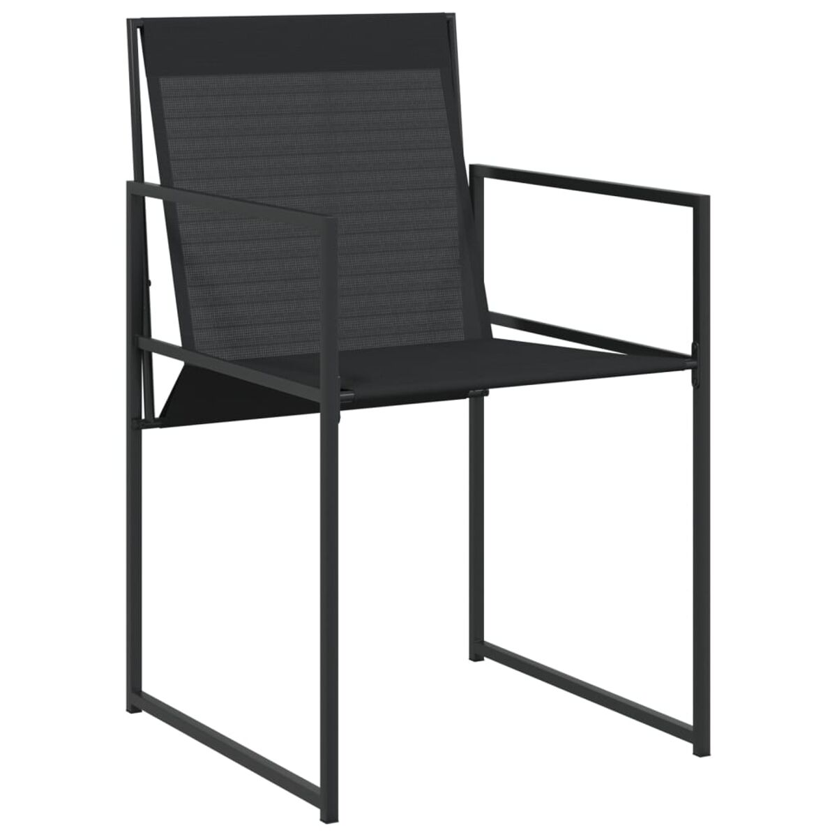 Schwarzer Stuhl mit dunklem Stoff und Metallrahmen. Minimalistisches Design, weißer Hintergrund.