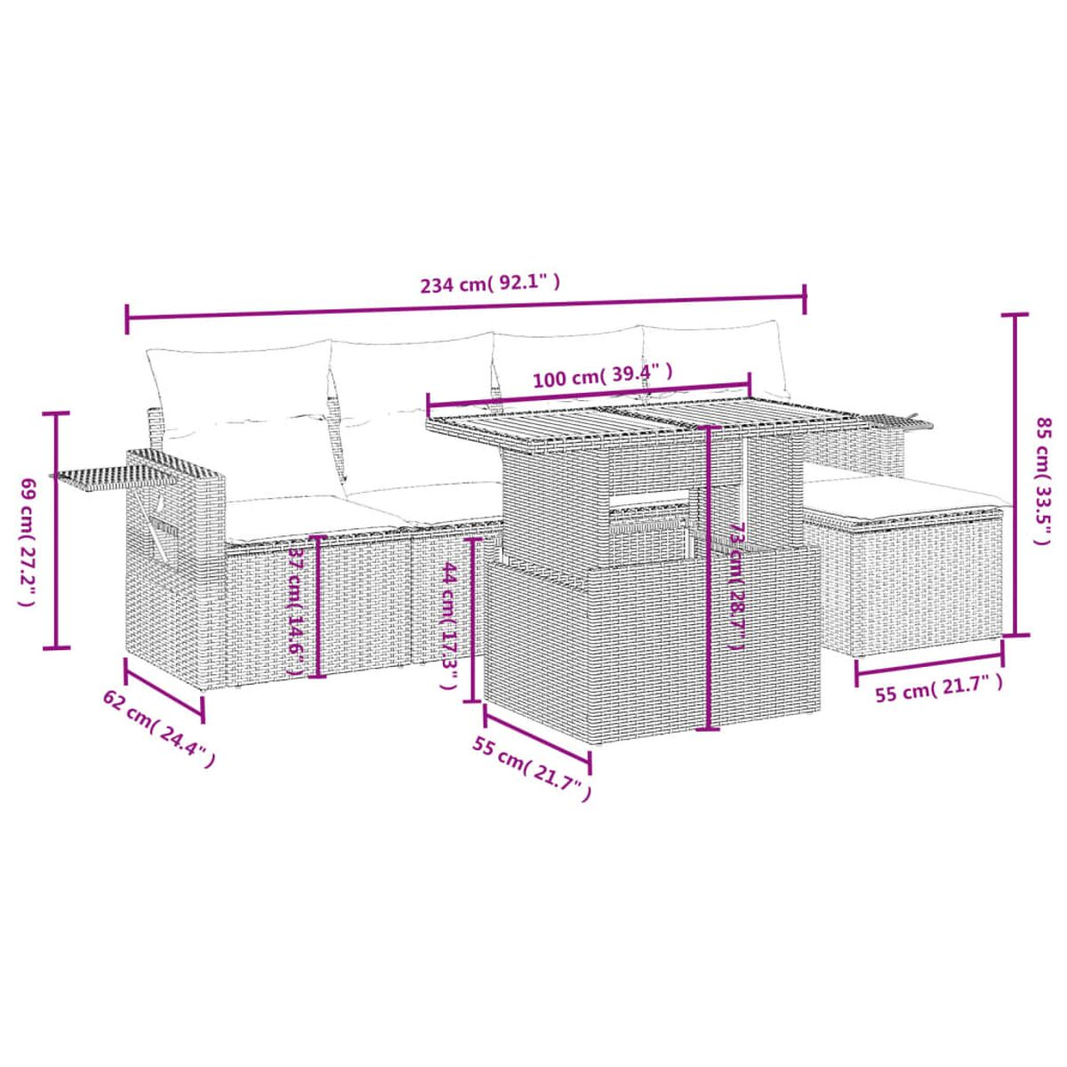 Un diagramma di un set di sedute da esterno con dimensioni in centimetri e pollici. Include divano e tavolo.