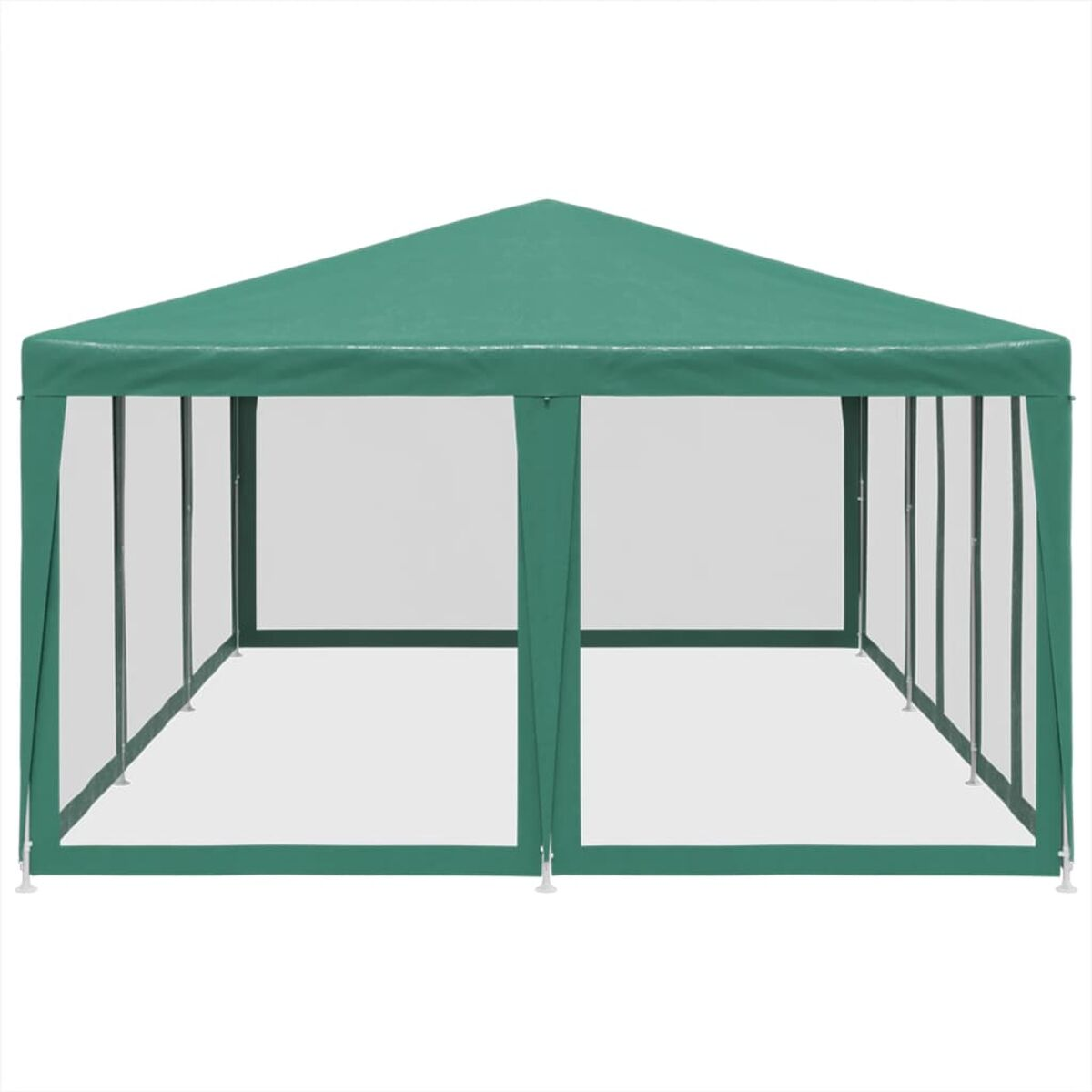 Grüner Pavillon, transparente Seiten, weißer Rahmen. Ansicht von vorne.