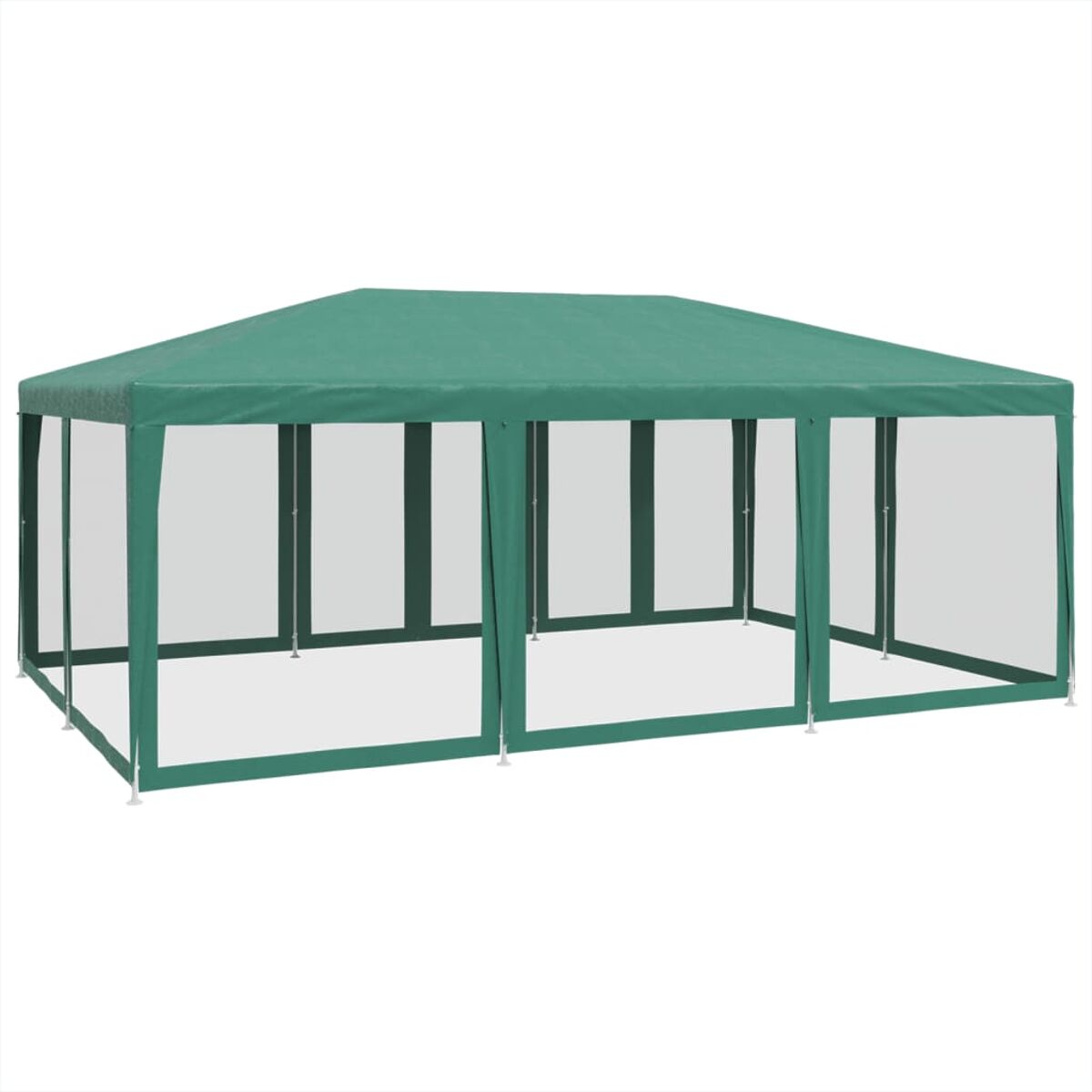 Grünes rechteckiges Pavillon-Zelt mit transparenten Seiten. Weiße Pfosten und ein grünes Dach.