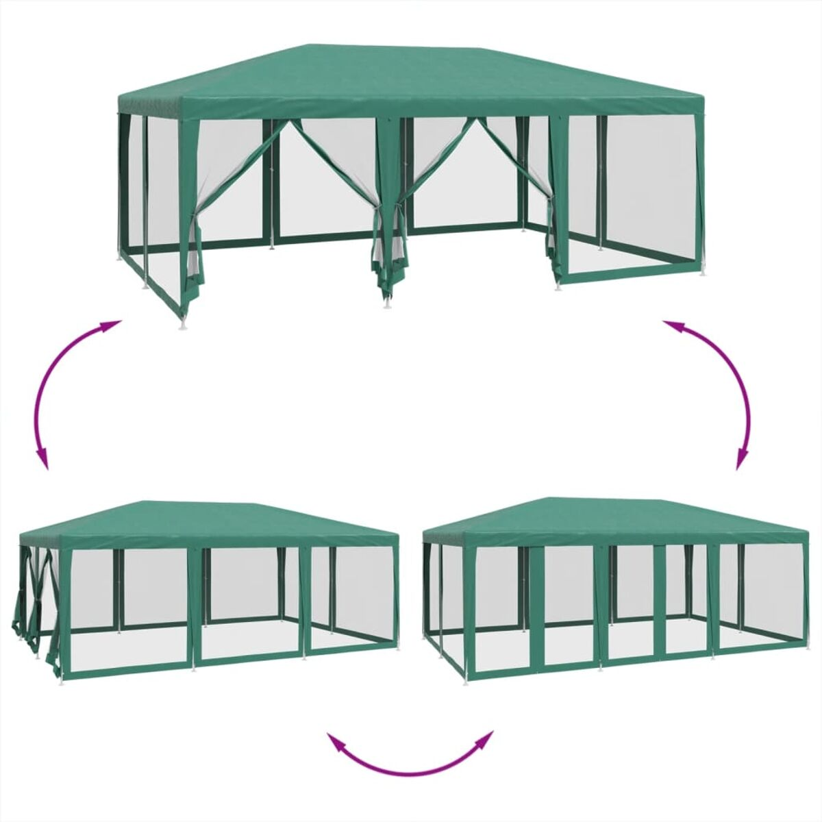 Grüner Pavillon in drei Konfigurationen. Pfeile zeigen die Transformationen.