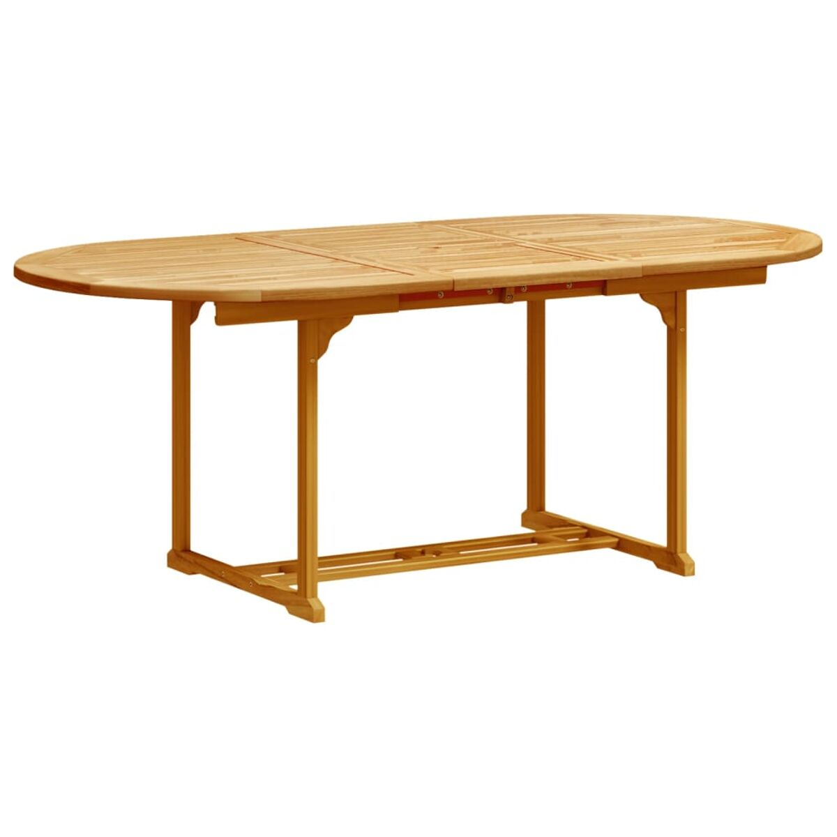 Tavolo da esterno in legno. Il tavolo ha gambe in legno e un piano in legno. Il tavolo è ovale.