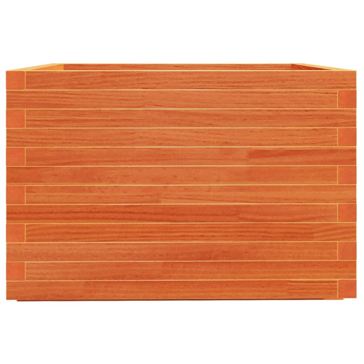 Eine hölzerne Pflanzkasten aus horizontalen Brettern. Das Holz ist hellbraun und hat eine natürliche Oberfläche.
