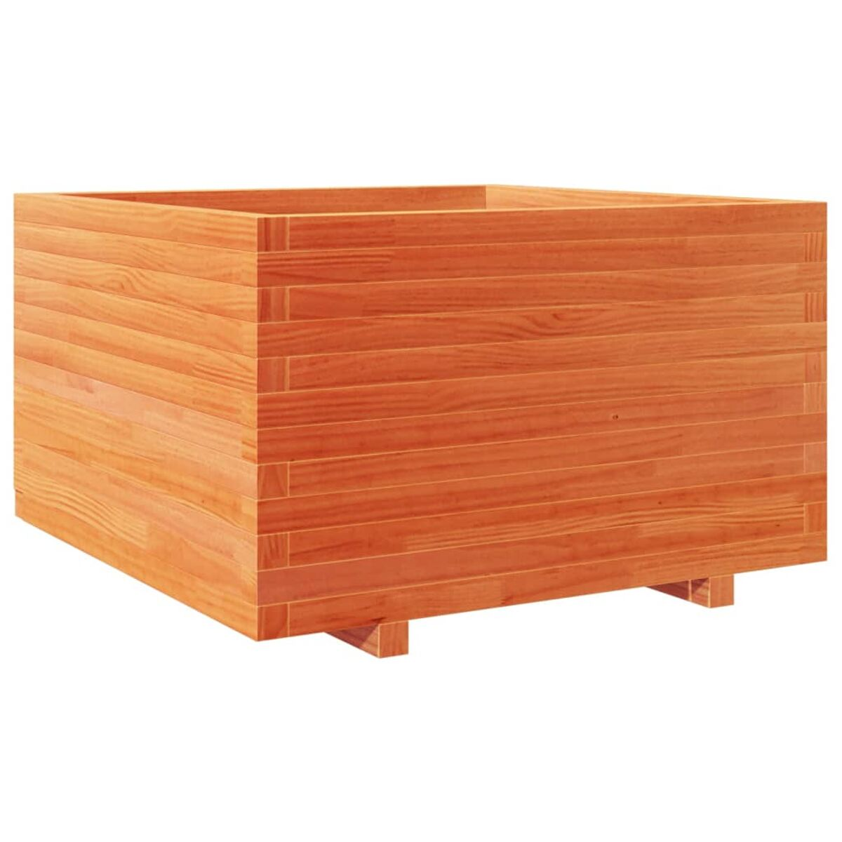 Quadratischer Pflanzkasten aus Holz mit orangebraunem Finish, auf Beinen.