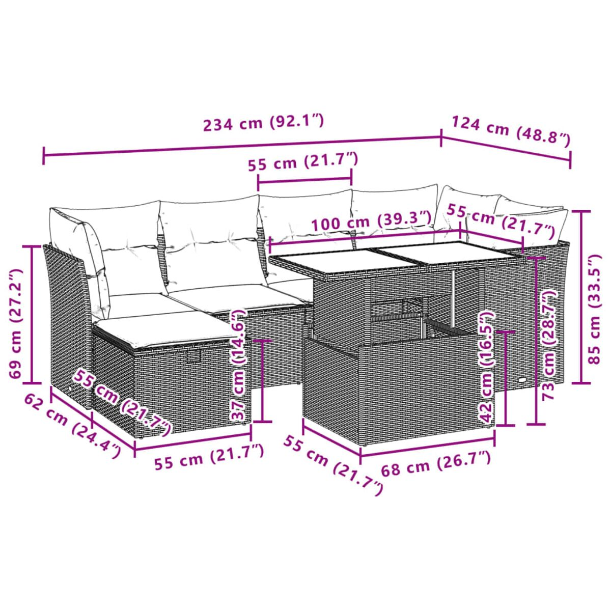 Diagramma che mostra le dimensioni di un divano componibile. Le misure sono in cm e pollici.