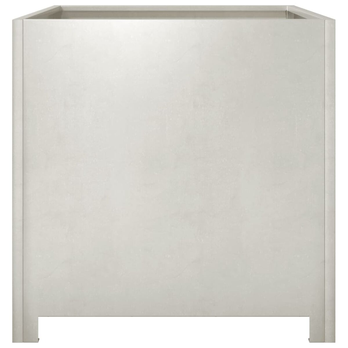 Una fioriera quadrata, vuota, grigio chiaro con un design semplice.