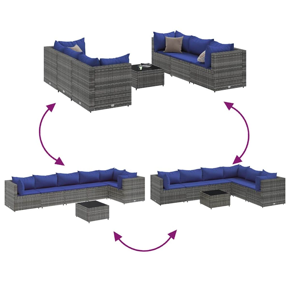 Immagini che mostrano diverse configurazioni di un divano componibile in vimini grigio con cuscini blu e un tavolino.