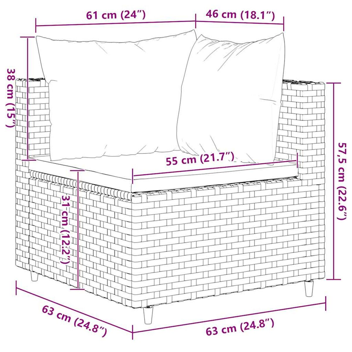 Dimensioni di un sedile in vimini: 63x63 cm, cuscino 61x46 cm, schienale 38x55 cm, altezza 57,5 cm.