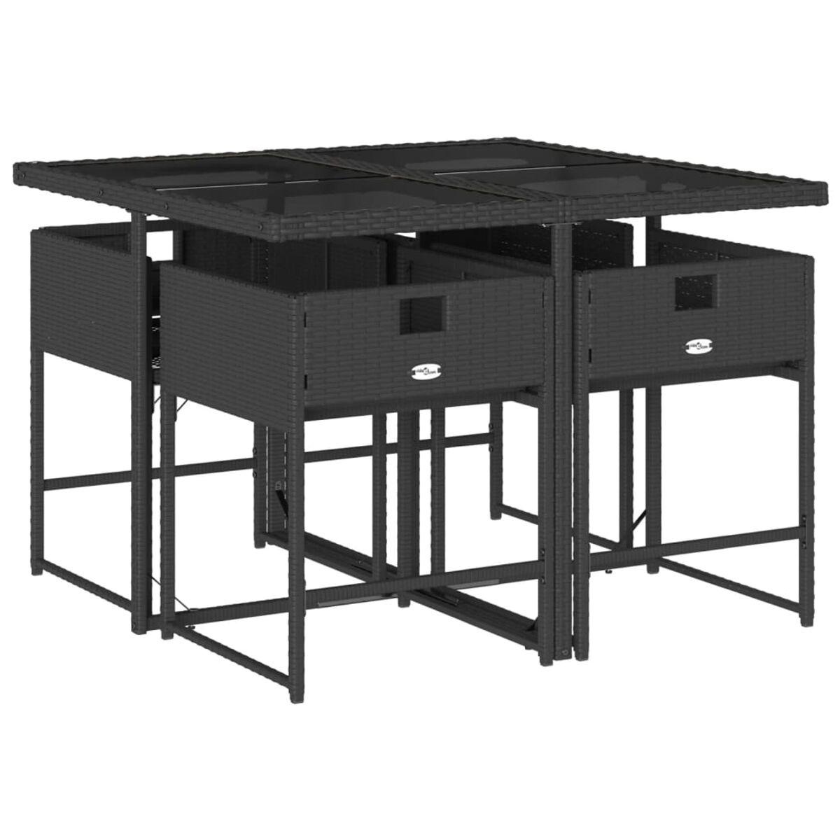 Un set da pranzo nero in stile rattan per esterni con tavolo quadrato e quattro sedie individuali.