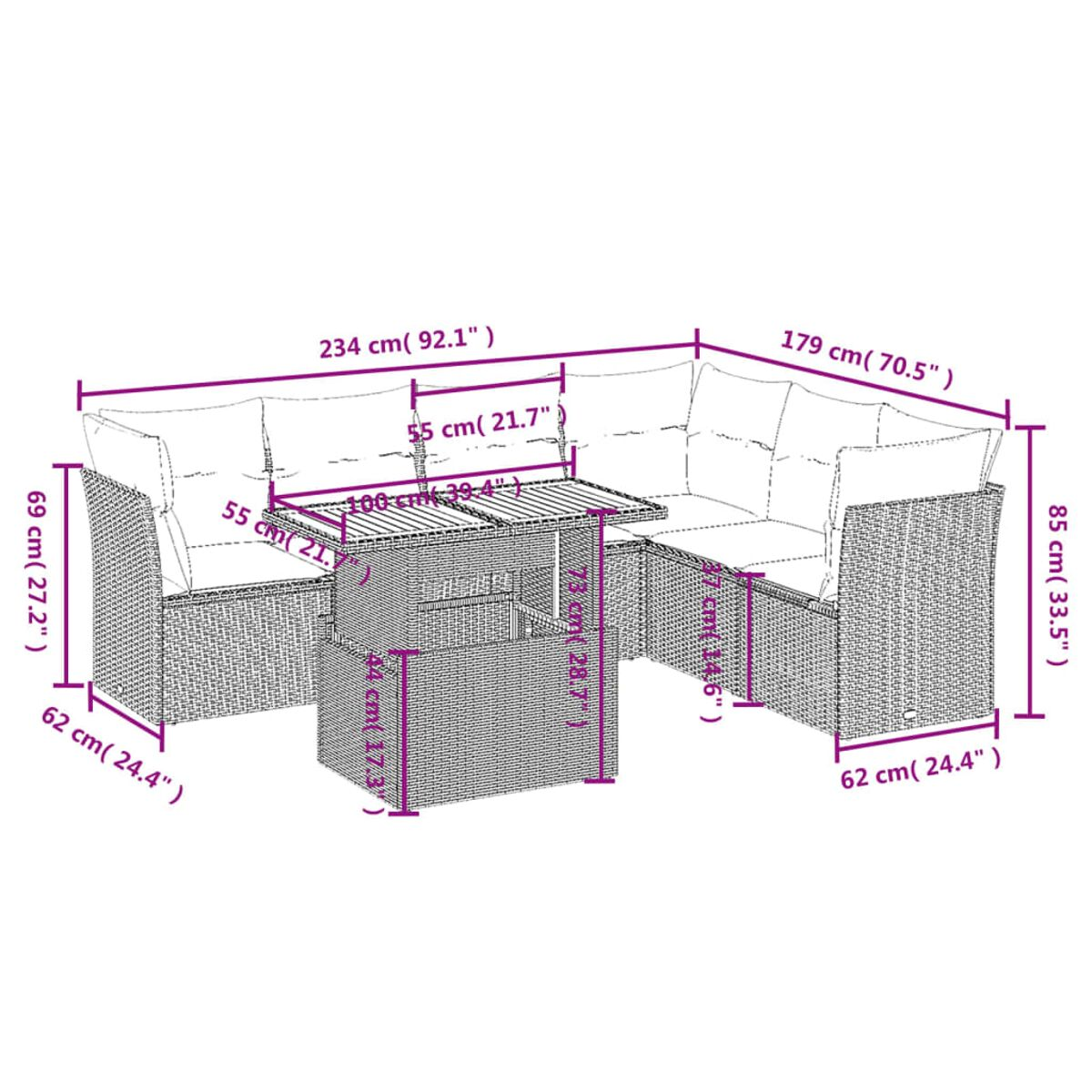 Diagramma che mostra le dimensioni di un divano componibile con un tavolo. Le misure sono in cm.