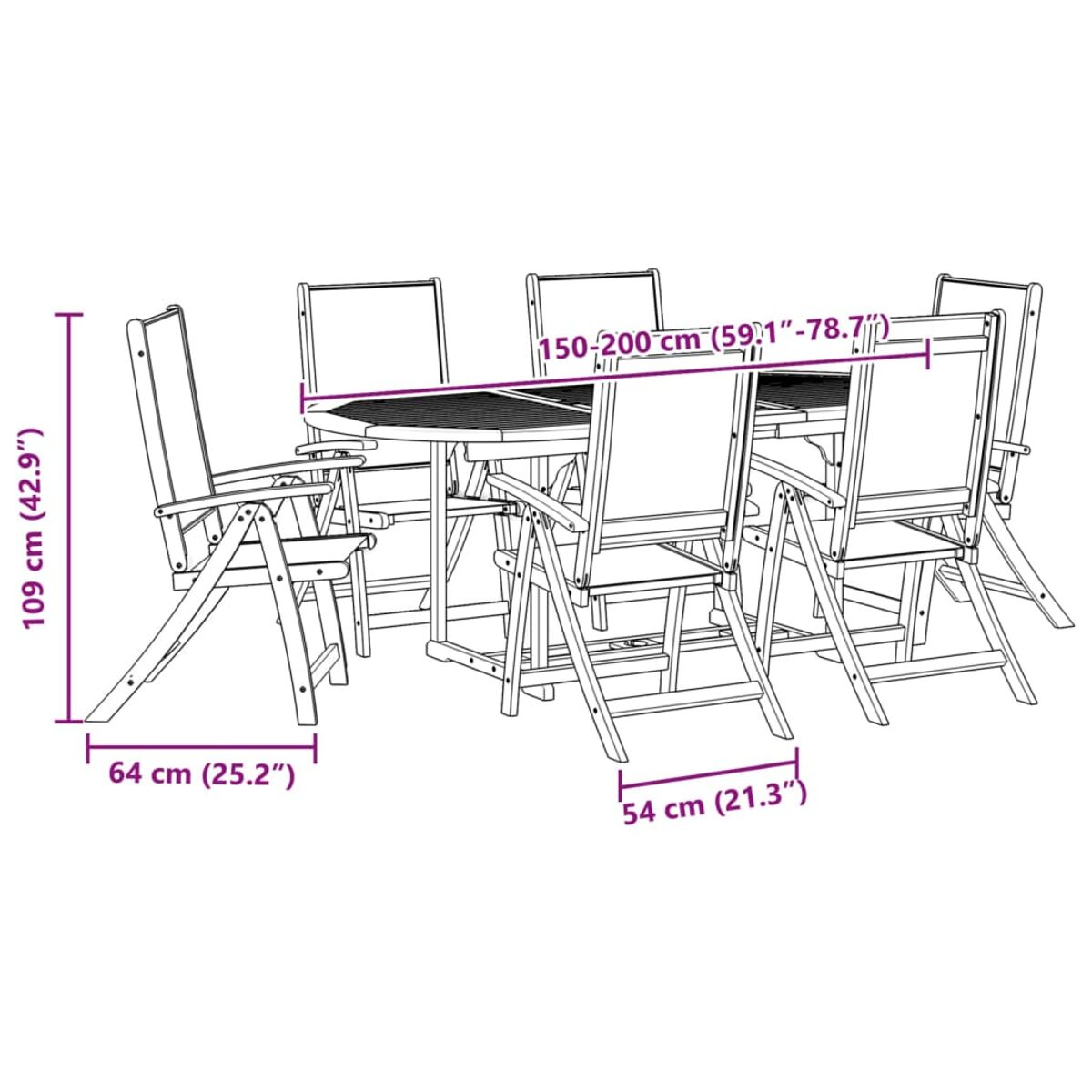 Ein hölzernes Ess-Set für den Außenbereich mit sechs Stühlen und einem rechteckigen Tisch.