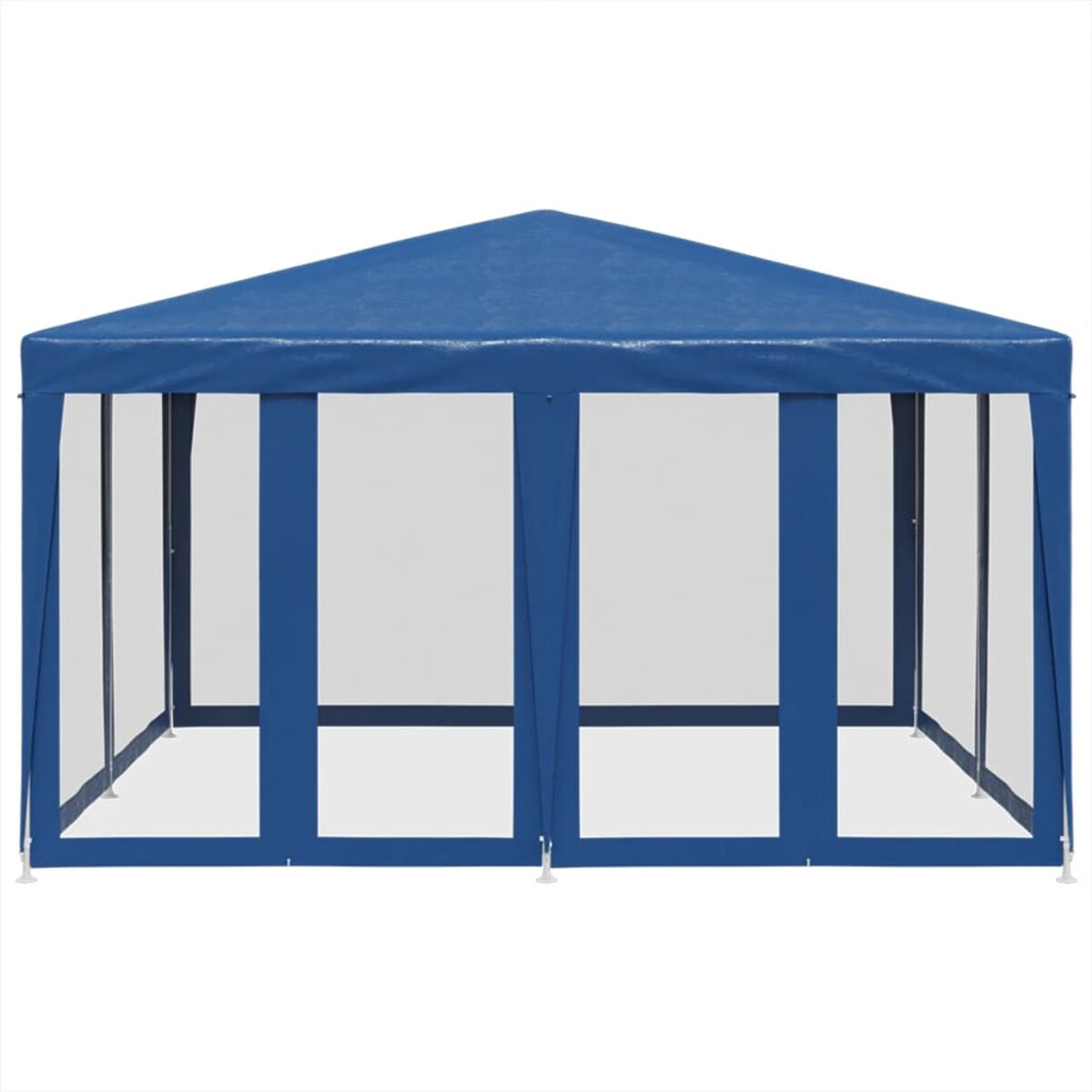 Gazebo blu con lati in rete bianca. Ha un tetto triangolare e si trova su una superficie bianca.