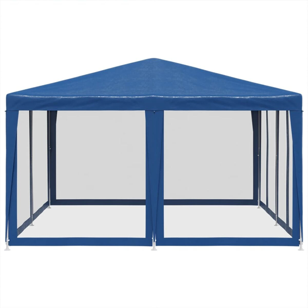 Gazebo blu da esterno con struttura bianca. Mostra il tetto in tela e i pali bianchi.