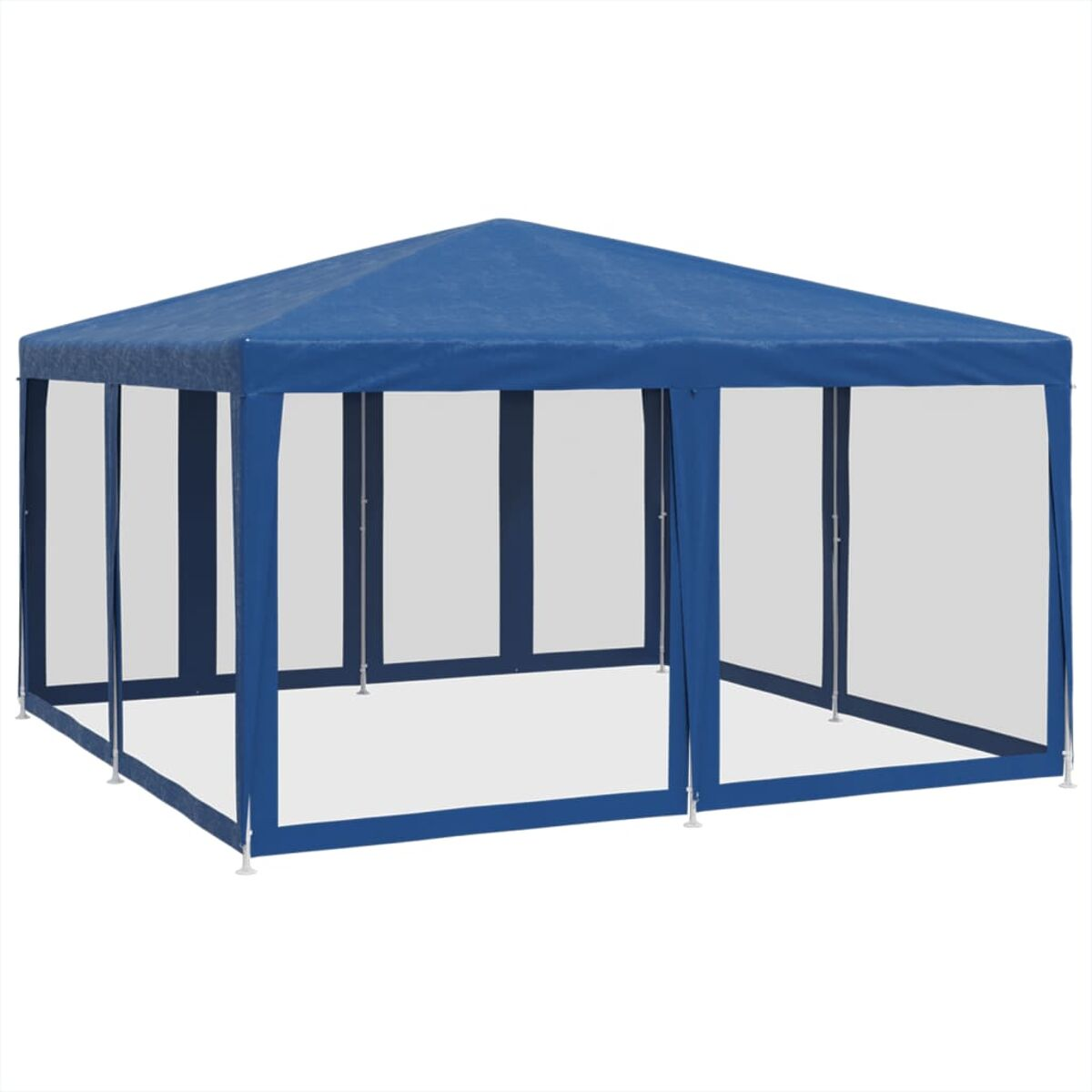 Gazebo blu da esterno con lati trasparenti. Supporti di base bianchi. Su sfondo bianco.