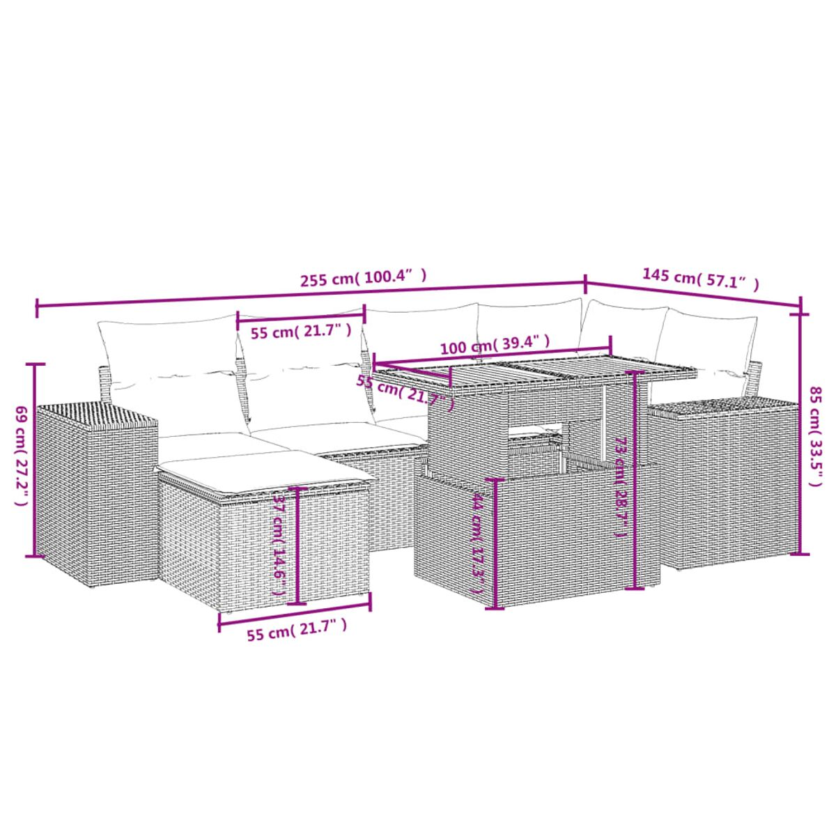 Geflochtenes Outdoor-Set. Enthält Sofa, Ottomane und Tisch mit Abmessungen in cm und Zoll.